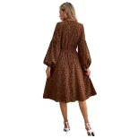 Leopard Print Floral Midi Dress Waist Defining Trendy Design Suitable for Casual Outings Wholesa