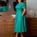 Elegant Puff Sleeve Midi Dress with Round Neckline in Green Red and Black for Women Wholesale low MOQ