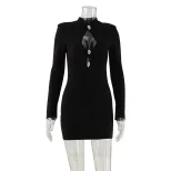 Sexy Womens Bodycon Dress Round Neck Long Sleeve Hollow Chest Design Stylish Metallic Accents Hi