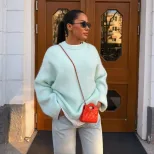 Womens Oversized Knit Sweater Round Neck Faux Mink Fabric Long Sleeve Casual Style Perfect for S