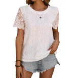 Lace Short Sleeve T Shirt Simple Design Hollow Out White Color Summer Vacation Wear Wholesale Av