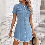 Vintage Denim Dress Slim Fit Short Sleeve Waist Cinching Design Perfect for Casual Outings Whole