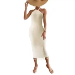 Customizable Sleeveless Knit Maxi Dress Halter Neck Fitted Silhouette Fringe Hem Beach Vacation
