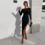 Off Shoulder Midi Dress Elegant Slim Fit Autumn Winter Fashionable Style Wholesale Available