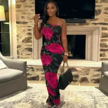 Sleeveless Asymmetrical Shoulder Dress Fashionable Floral Print Bodycon Fit Mid Length Casual Pa