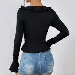 Womens Y2K Ruffled Crop Top Slim Fit Long Sleeve Trendy Design Spring Summer Fashion Wholesale A