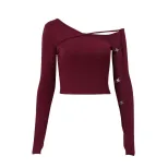 Womens Long Sleeve T Shirt Sexy Irregular Asymmetrical Neckline Hollow Out Design Slim Fit Autum