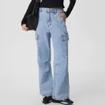 Womens Casual High Waisted Denim Trousers Slim Fit Large Pockets European and American Style Per