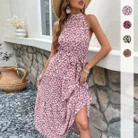 Floral Midi Dress Slim Fit Halter Neck Romantic Style Perfect for Vacation or Casual Outings Who