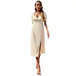 French Style A Line Dress Sexy Backless Square Neck Puff Sleeves Elegant Evening Wear Wholesale