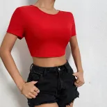 Summer Womens Short Sleeve T Shirt Sexy Backless Design Cropped Length Lightweight Fabric Casual