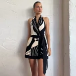 Nordic Style Floral Print Halter Neck Backless Dress Classic Design Waist Defined Short Length I