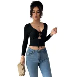 Black Long Sleeve T Shirt Hollow Out V Neck Solid Color Sexy Design Casual Wear for Women Wholes