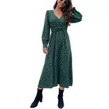 Long Sleeve Leopard Print Maxi Dress Green Color Trendy Design Autumn Fashion Wholesale Availabl