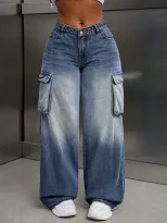 Loose Fit Wide Leg Denim Work Pants Multi Pocket Design Casual Everyday Wear Ready to Ship whole