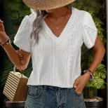Casual Lace Trim V Neck Blouse Elegant Hollow Out Design Stylish Everyday Wear Wholesale Availab
