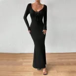 Elegant Long Sleeve Bodycon Dress with Deep U Neck and Front Tie Sexy Slim Fit Chic Style for Ev