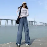 欧洲站2023春秋高腰直筒阔腿工装牛仔裤女百搭显瘦大码宽松直筒裤