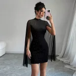 High Neck Bodycon Dress Black Short Sleeve Sequin and Mesh Paneling Evening Wear or Party Dress