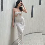 Chic Strapless Halter Neck Dress High Waist Hollow Out Satin Fabric Elegant Evening Gown for Wom