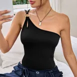 Womens One Shoulder Bodysuit Solid Color Metal Accents Hollow Design Sexy Fitted Top for Parties