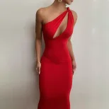 Sexy Hollow Out Bodycon Dress Asymmetrical Neckline Sleeveless Slim Fit Perfect for Parties and