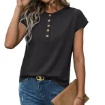 Casual Short Sleeve T Shirt for Women Round Neck Button Front Solid Color Versatile Everyday Wea