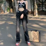 美式高腰直筒牛仔裤女2023春季设计感高街辣妹宽松阔腿拖地休闲裤