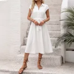 White Lapel Waist Tied Shirt Dress Minimalist Design Commuter Style Versatile Wear Wholesale Ava