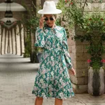 Vintage Floral Print Long Sleeve Dress Ruffled Design Round Neck Elegant Style Perfect for Casua