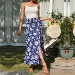 High Waisted Floral Midi Skirt Slim Fit Blue Color Comfortable Fabric Casual Wear Summer Style W