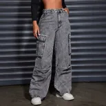 Womens High Waisted Denim Trousers Pocket Design Trendy Street Style Casual Wear Wholesale Avail