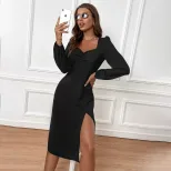 V Neck Long Sleeve Dress Elegant Fit Split Design Mid Length Perfect for Office Wear or Casual O