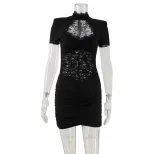 French Style Womens Lace Trimmed Bodycon Dress Short Sleeve Pleated Design Elegant Fit Perfect f