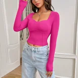 Womens Slim Fit Long Sleeve T Shirt Fashionable Versatile Short Length Barbie Pink Spring Summer