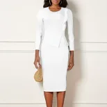 Plus Size Womens Spring Dress Solid Color Ruffled Hem Round Neck Bodycon Fit Office Wear Busines