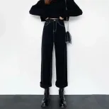 跨境黑色阔腿牛仔裤女2023新款韩版高腰显瘦百搭学生直筒拖地长裤