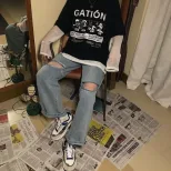 大码破洞阔腿牛仔裤女春夏装韩版高腰直筒宽松显瘦胖妹妹坠感长裤