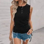 Womens Sleeveless Solid Color T Shirt Round Neck Knitted Button Detail Versatile Summer Top Whol