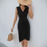 Elegant Black Sleeveless V Neck Split Maxi Dress New Arrival European and American Style Perfect