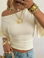 Summer Womens Off Shoulder Top Textured Fabric Flared Sleeves Slim Fit Casual Wear for Everyday