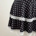 Lace Trim Polka Dot A Line Dress Adjustable Spaghetti Straps Waist Cinching Elegant Style Perfec