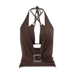 Womens Spring Sexy Hollow Out Deep V Neck Solid Color Halter Top and Bottom Set Trendy Chic Vers
