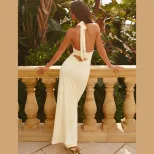 Womens Summer Elegant V Neck Halter Dress Slim Fit Solid Color Backless Design Perfect for Parti