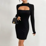 Bodycon Knit Mini Dress Long Sleeve Hollow Out Design Slim Fit Autumn Winter Fashion Wholesale A