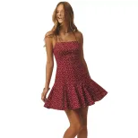 Summer Womens Dress Burgundy Polka Dot Floral Print Ruffled Hem Fitted Waist Wholesale Available