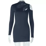Fashionable Womens Bodycon Dress Solid Color Hollow Out Off Shoulder Long Sleeve Stand Collar Ev