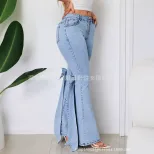 High Waisted Flared Jeans Vintage Style 3D Bow Detail Slim Fit Stretch Fabric Casual Wear Wholes