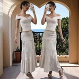 Summer Womens Two Piece Set Crop Top with Low Neckline Ruffled Skirt Chic French Style for Casua