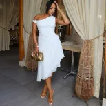 Fashion Womens Solid Color Dress Sexy Off Shoulder Asymmetrical Hem Sleeveless Ruched Design Per